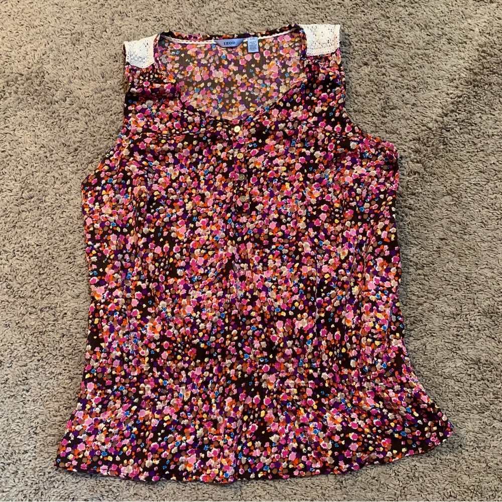Izod Sleeveless Crochet Shoulder Colorful Print Top Blouse Large